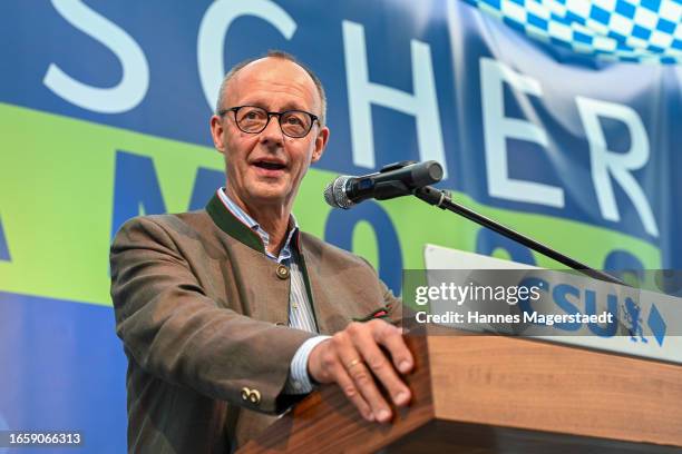 Friedrich Merz, leader of the German Christian Democrats , speaks at the annual Gillamoos gathering of political parties on September 4, 2023 in...