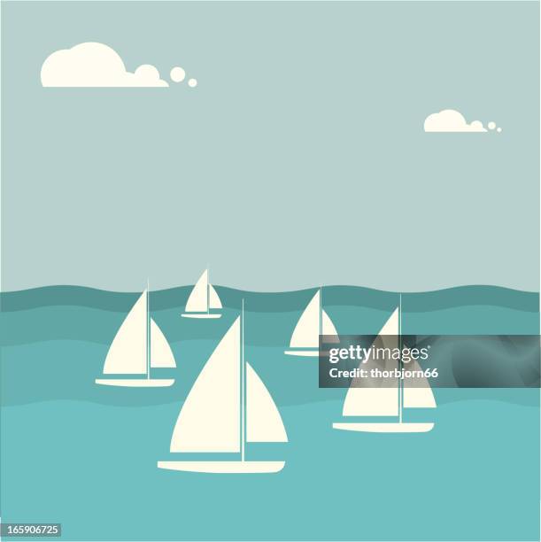 group of sailboats on the water with clouds in background - sailboat racing stock illustrations