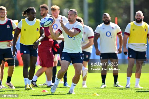 Ben Earl of England receives a pass during a training session at Stade Ferdinand Petit on September 04, 2023 in Le Touquet-Paris-Plage, France....