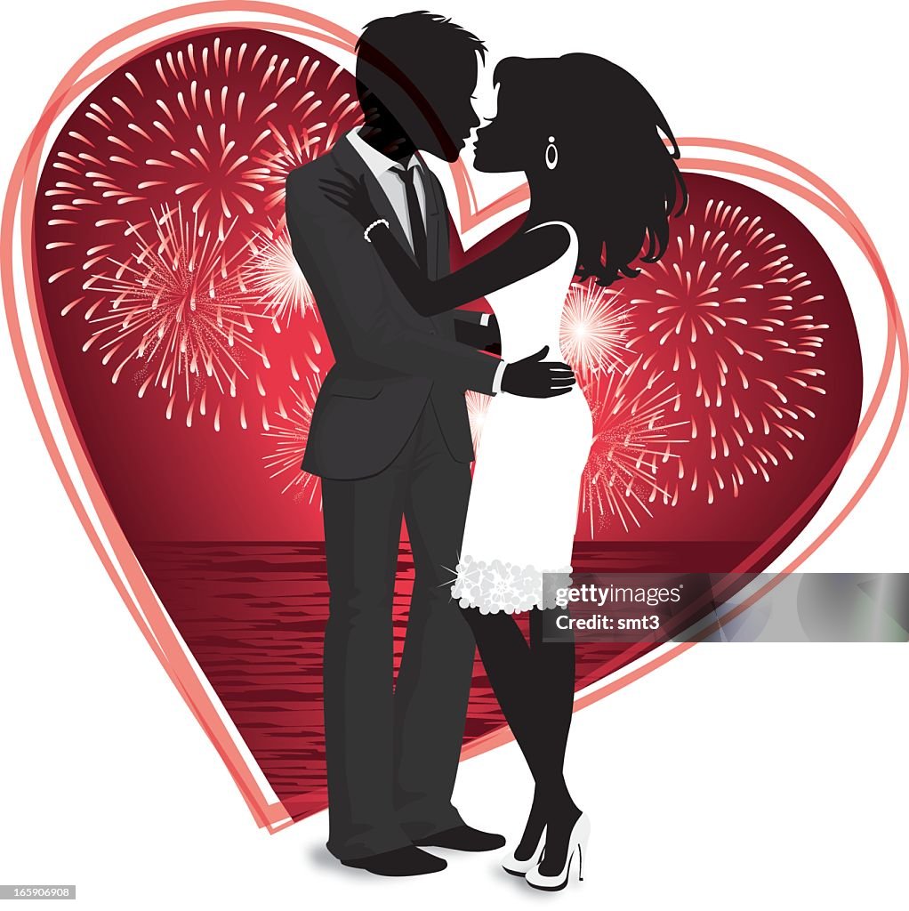 Silhouette Valentine Couple with Fireworks