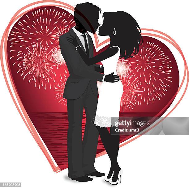 silhouette valentine couple with fireworks - date night stock illustrations
