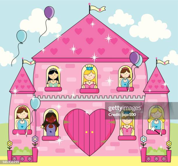princesses party in pink fairytale palace illustration - princess-castle-background stock illustrations