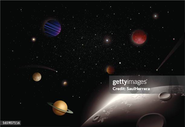 ilustraciones, imágenes clip art, dibujos animados e iconos de stock de universo vista desde la luna - planet space