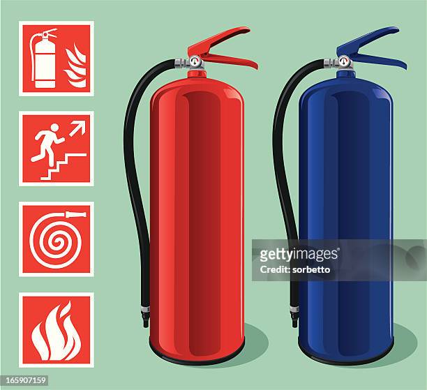 red and blue fire extinguishers with safety symbols - evacuation stock illustrations