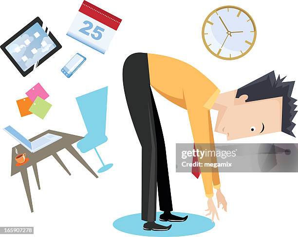 cartoon stretch break with office symbols in the background - bending over stock illustrations