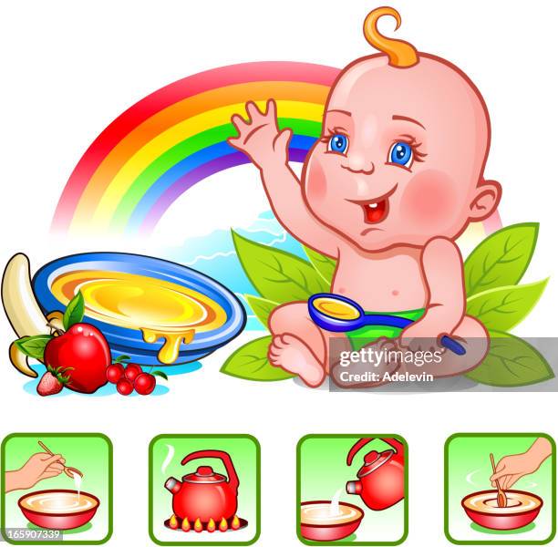 ilustraciones, imágenes clip art, dibujos animados e iconos de stock de bebé con cuchara y placa - boy eating banana