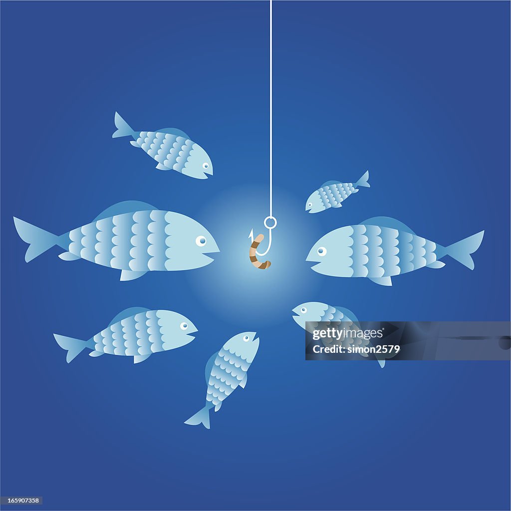 7 Blue Cartoon Fish Surrounding A Worm On A Fishing Hook High-Res Vector  Graphic - Getty Images