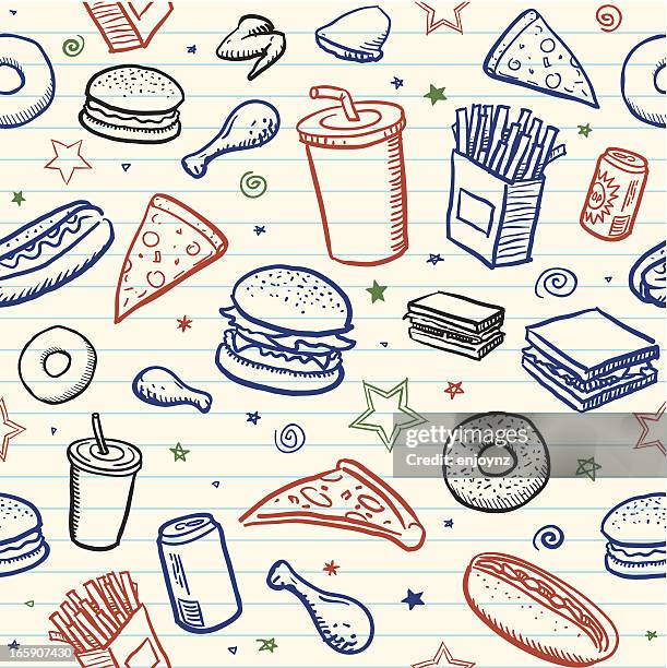 stockillustraties, clipart, cartoons en iconen met seamless junk food background - cafeteria