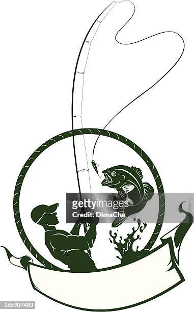 fishman with bass and banner - fishing hook vector stock illustrations