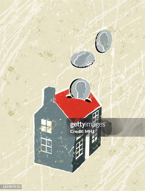 haus geformt geld box. - subprime loan crisis stock-grafiken, -clipart, -cartoons und -symbole