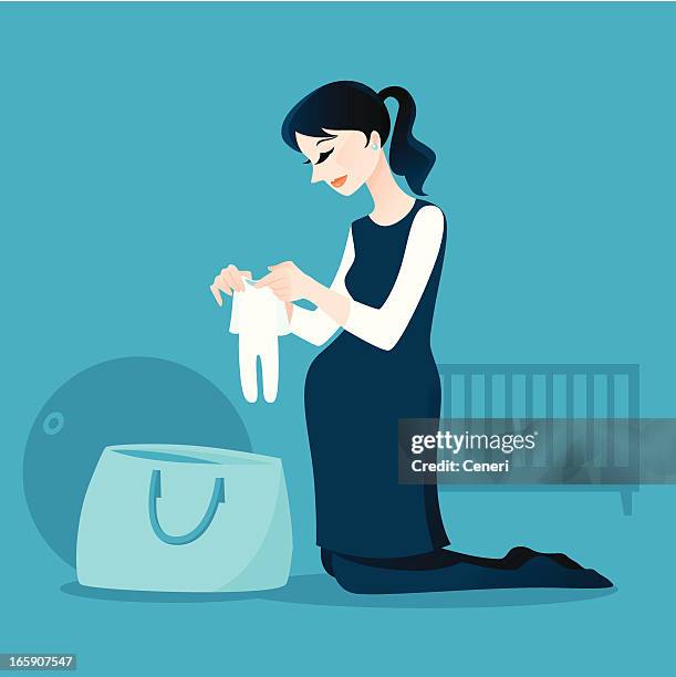 bildbanksillustrationer, clip art samt tecknat material och ikoner med pregnant lady packing her hospital bag - baby bag