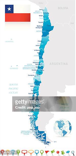 map of chile - states, cities, flag and navigation icons - chile map stock illustrations