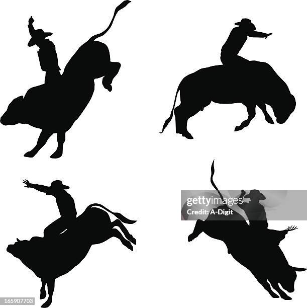 bull riding vector silhouette - bull riding stock illustrations