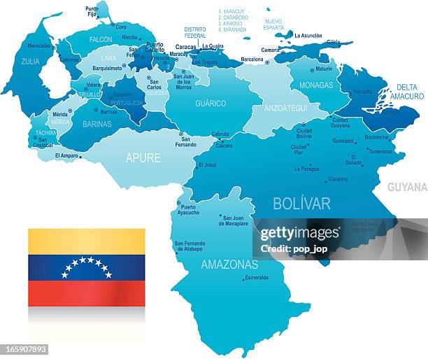 map of venezuela - states, cities and flag - merida venezuela stock illustrations