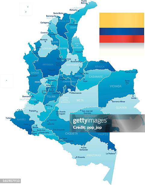 map of colombia - states, cities and flag - cartagena colombia stock illustrations