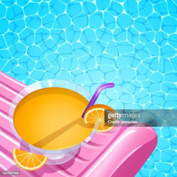 bildbanksillustrationer, clip art samt tecknat material och ikoner med cooktail drink in inflatable raft at swimming pool - semesterortsbassäng