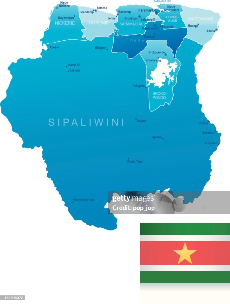 Map of Suriname - states, cities and flag