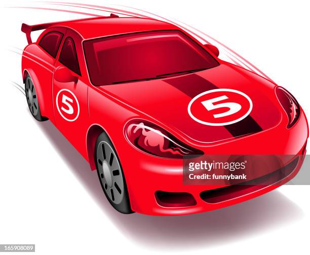 an animated red race car with the number 5 - rally car racing stock illustrations