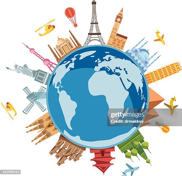 ilustraciones, imágenes clip art, dibujos animados e iconos de stock de world travel símbolos - torre de reloj