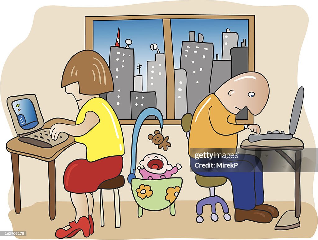A Cartoon Depiction Of A Family Working On Computers High-Res Vector ...