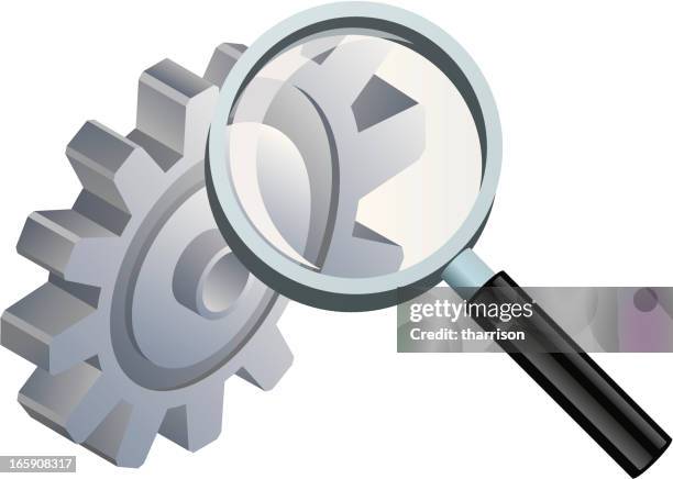 gear with magnifying glass - quality control isometric stock illustrations