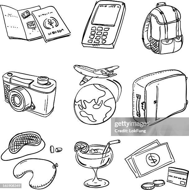 reisen symbole in schwarz und weiß - change purse stock-grafiken, -clipart, -cartoons und -symbole