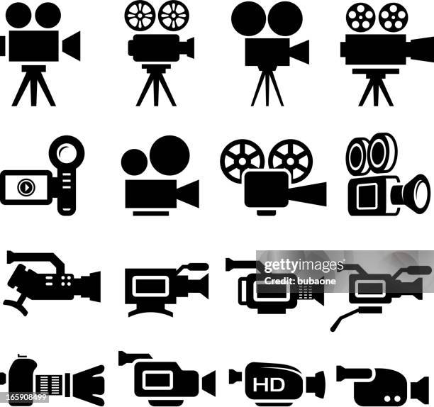 film kamera alte und neue schwarz & weißen icon-set - stativ stock-grafiken, -clipart, -cartoons und -symbole