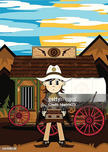 poncho cowboy & jail with wagon - poncho stock illustrations