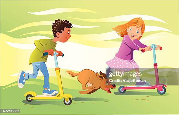 jungen und mädchen racing, die auf rollern herumflitzen - boy running with dog stock-grafiken, -clipart, -cartoons und -symbole