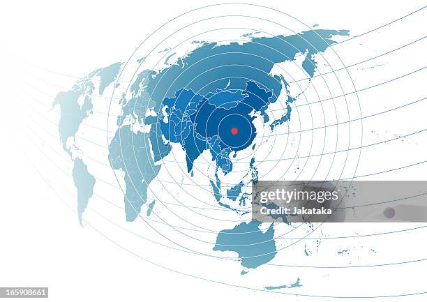stockillustraties, clipart, cartoons en iconen met world map with china in centre. - middelste deel