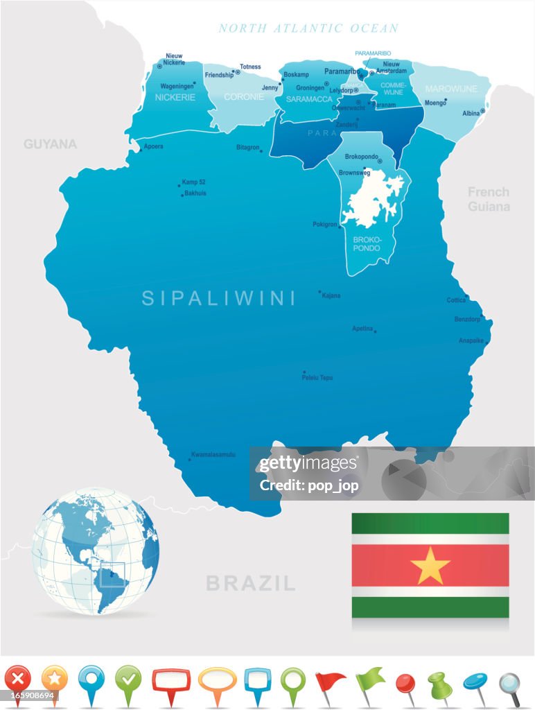 Map of Suriname - states, cities, flag and navigation icons