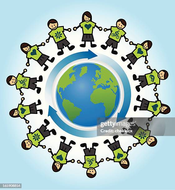 children around the earth with arrows - people holding hands around globe stock illustrations