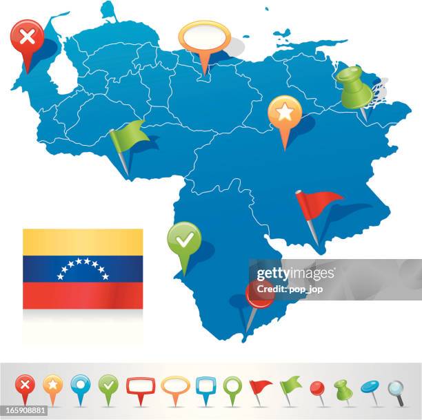 illustrazioni stock, clip art, cartoni animati e icone di tendenza di mappa del venezuela con icone di navigazione - bandiera del venezuela