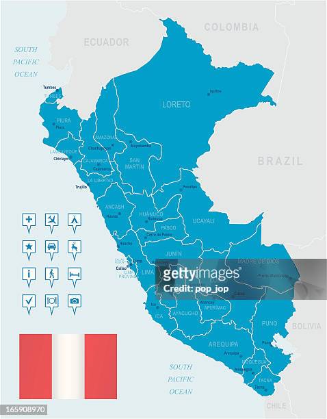 map of peru - states, cities, flag and navigation icons - puno region stock illustrations