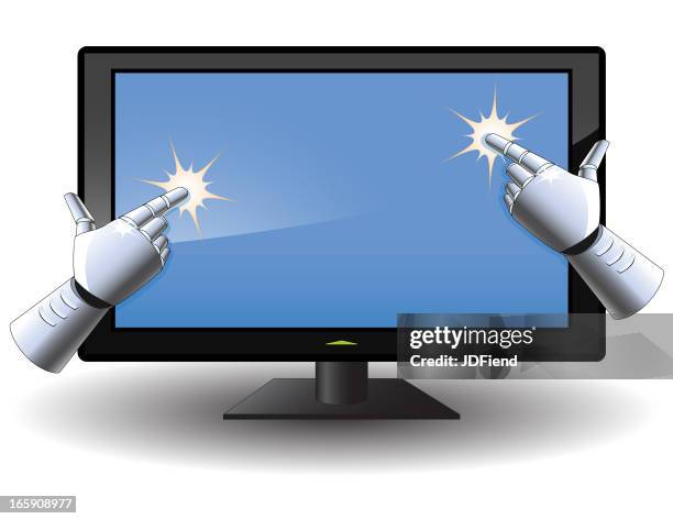 robot hands pointing at flat screen tv - chrome background stock illustrations