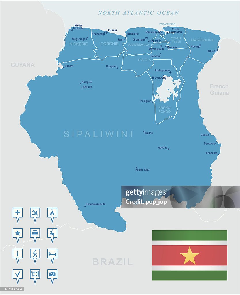 Map of Suriname - states, cities, flag and navigation icons