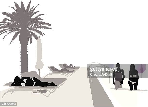 luxury pool vector silhouette - couple sunbathing stock illustrations