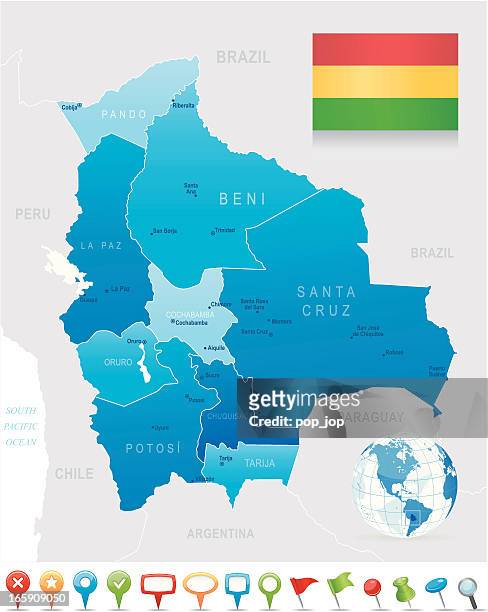 stockillustraties, clipart, cartoons en iconen met map of bolivia - states, cities, flag and navigation icons - oruro