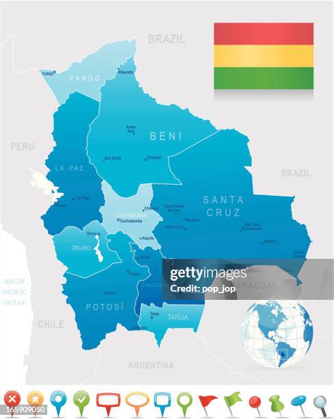 map of bolivia - states, cities, flag and navigation icons - oruro department stock illustrations