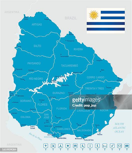 map of uruguay - states, cities, flag and navigation icons - flores 幅插畫檔、美工圖案、卡通及圖標