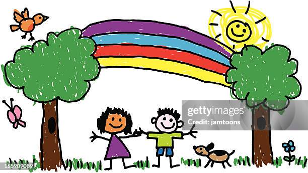 kid art rainbow - kids painting stock illustrations