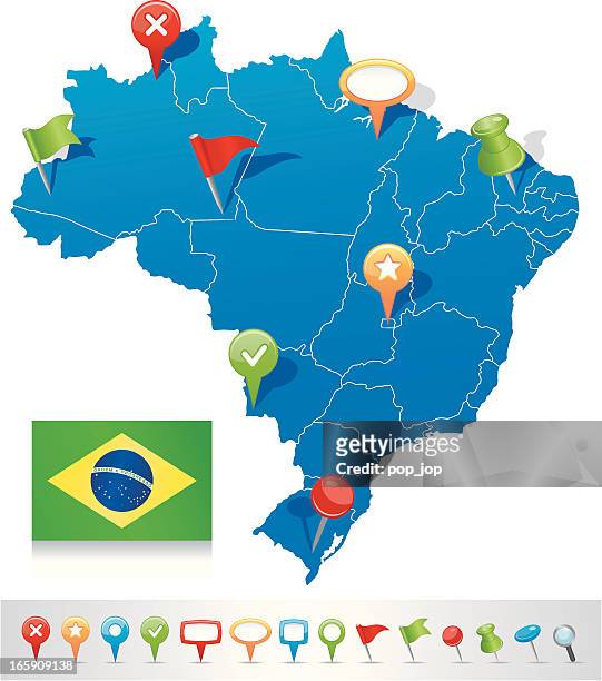 map of brazil with navigation icons - brazil global tour stock illustrations