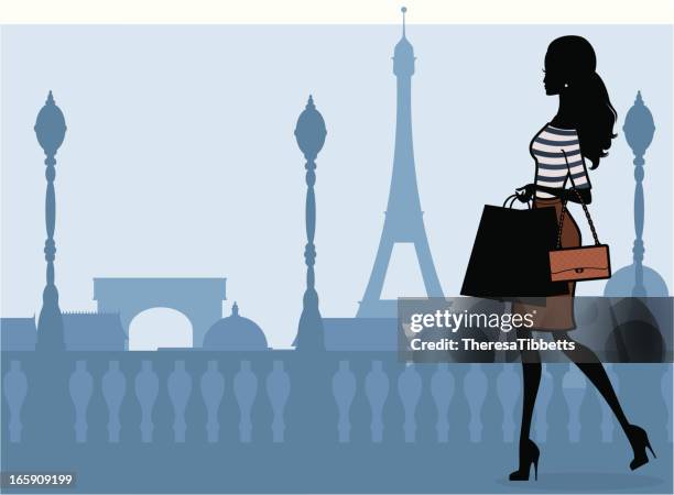 illustrations, cliparts, dessins animés et icônes de shopping à paris - femme parisienne shopping