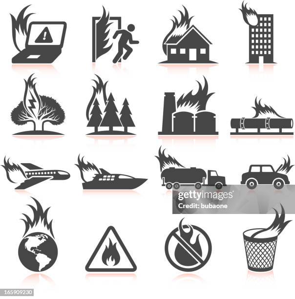 world in flames and fire disaster black & white icons - runaway vehicle stock illustrations