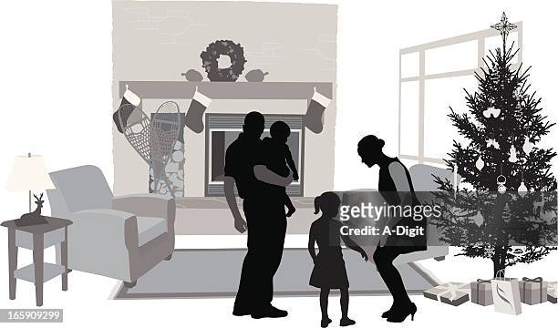 christmas time vector silhouette - family on sofa stock illustrations