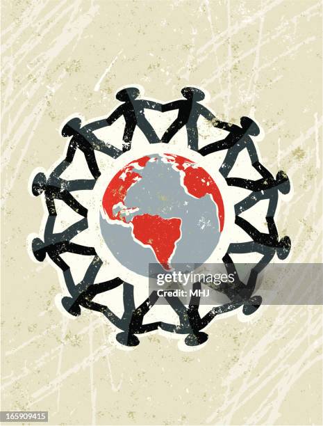 paper chain men around the world - joining hands in huddle stock illustrations