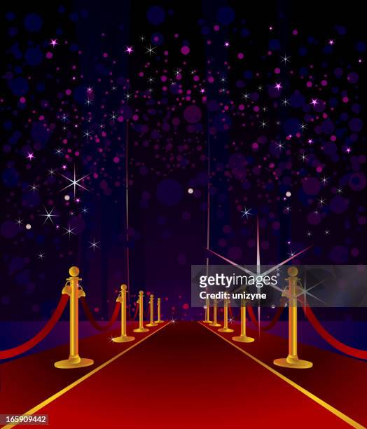 stockillustraties, clipart, cartoons en iconen met cartoon red carpet with stars in night sky background - comedy central night of too many stars red carpet