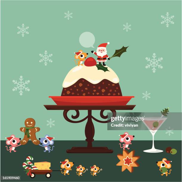 santa preparing christmas pudding with mouses - mousse cake stock illustrations