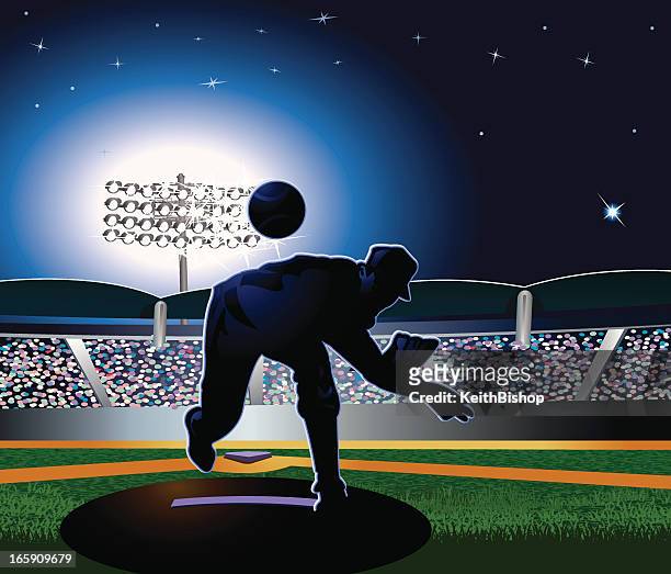 ilustrações, clipart, desenhos animados e ícones de sob luzes do estádio de beisebol-lançador - iluminado por holofote
