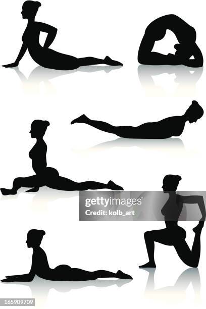 stylized yoga silhouettes - bending - one legged king pigeon pose stock illustrations